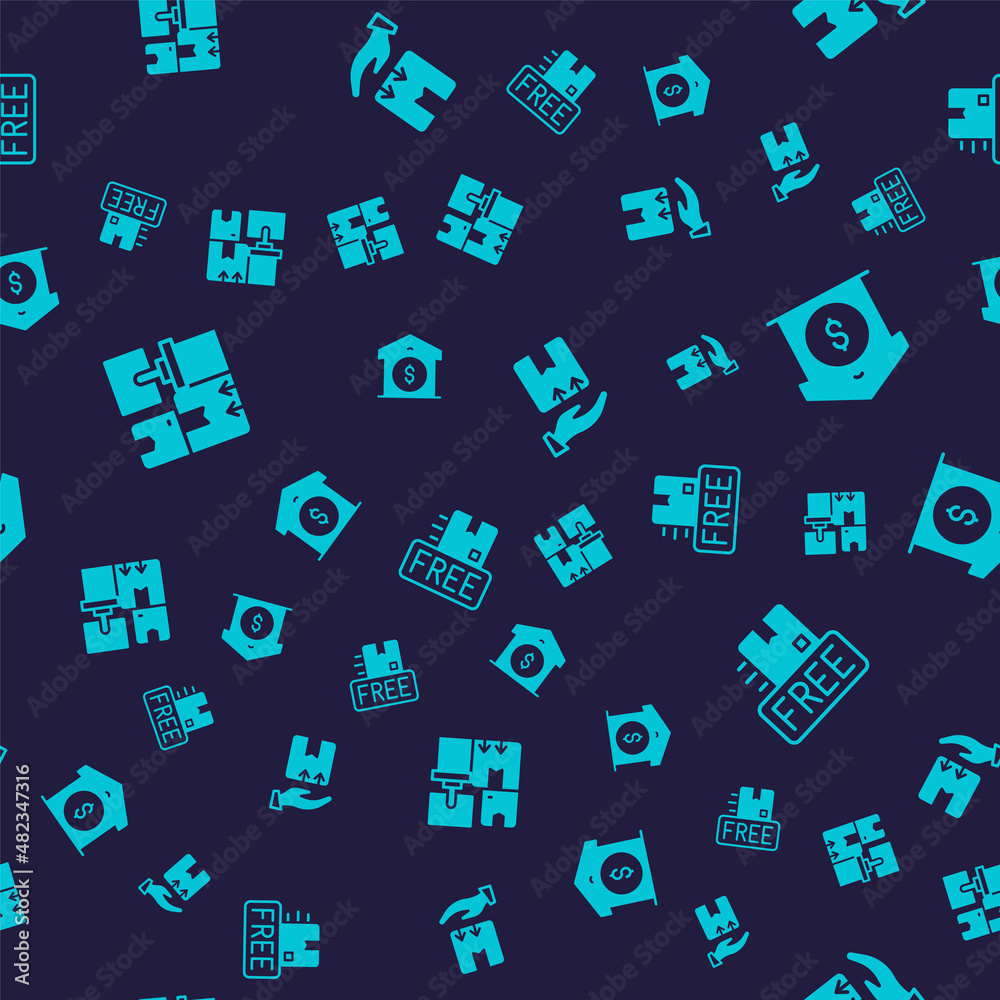 Set Warehouse with boxes, price, Delivery hand and Cardboard free symbol on seamless pattern. Vector Set Warehouse with boxes, price, Delivery hand and Cardboard free symbol on seamless pattern. Vector