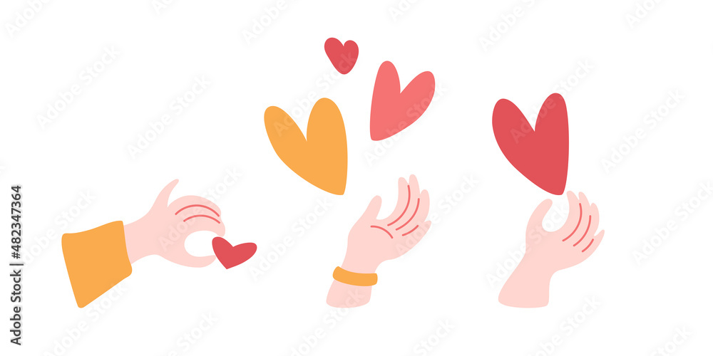 Fototapeta premium Hands set giving a hearts. Simple human parts, love concept. Elements for Valentine's Day banners, stickers, prints. Vector illustration.