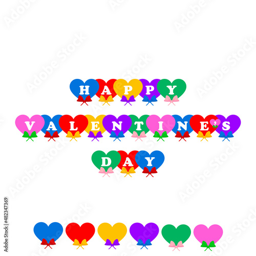 Happy Valentine's Day lettering design with hearts and ribbon bow. Vector illustration. Element for holiday banner, web poster, flyer, stylish brochure, greeting card, cover.