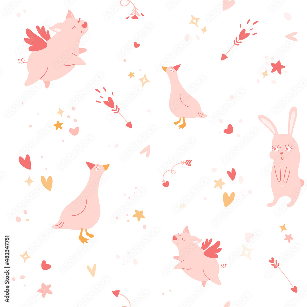 Animals in love seamless pattern. Funny bunny with hearts in eyes, goose, cute flying pig with angel wings. Arrows, abstract textured elements. Valentine's Day background, banner, kids print