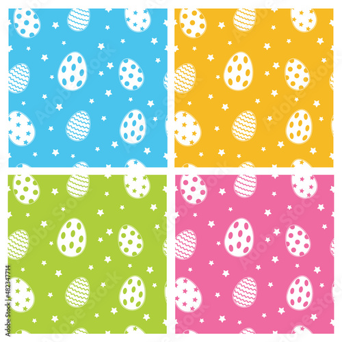 A set of seamless patterns with Easter eggs. Endless bright background.