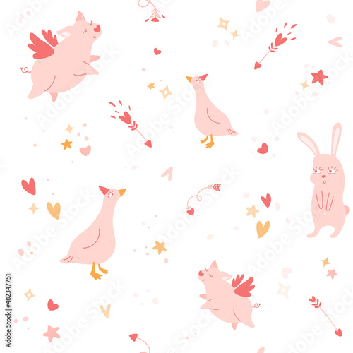 Animals in love seamless pattern. Funny bunny with hearts in eyes  goose  cute flying pig with angel wings. Arrows  abstract textured elements. Valentine s Day background  banner  kids print