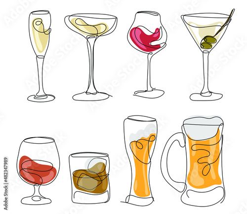 Set of glasses for wine, martini, champagne, whiskey, beer and other. Modern Minimalist Style. One continuous line drawing. Vector illustration