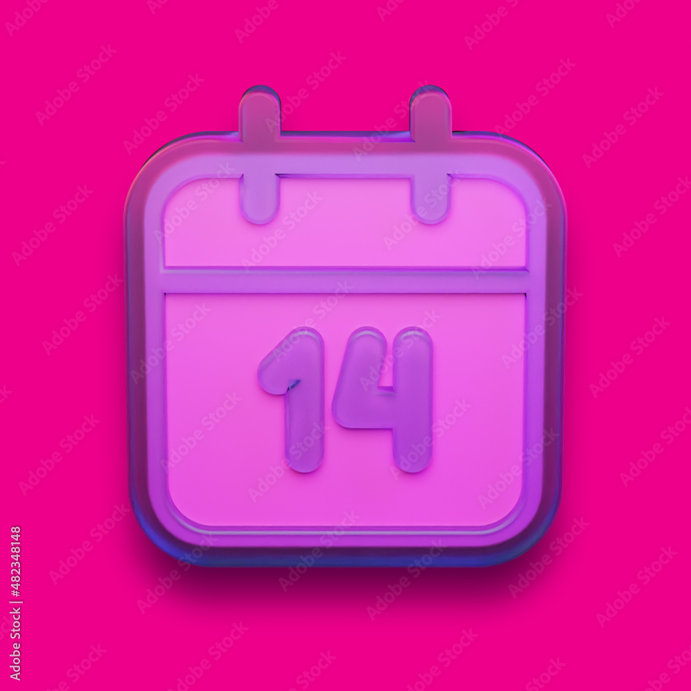 Calendar with 14 February date symbol. Valentine's day concept icon in plastic or glass design with reflection. Romantic holiday reminder, festive time. Vector conceptual pictogram for mobile app Calendar with 14 February date symbol. Valentine's day concept icon in plastic or glass design with reflection. Romantic holiday reminder, festive time. Vector conceptual pictogram for mobile app
