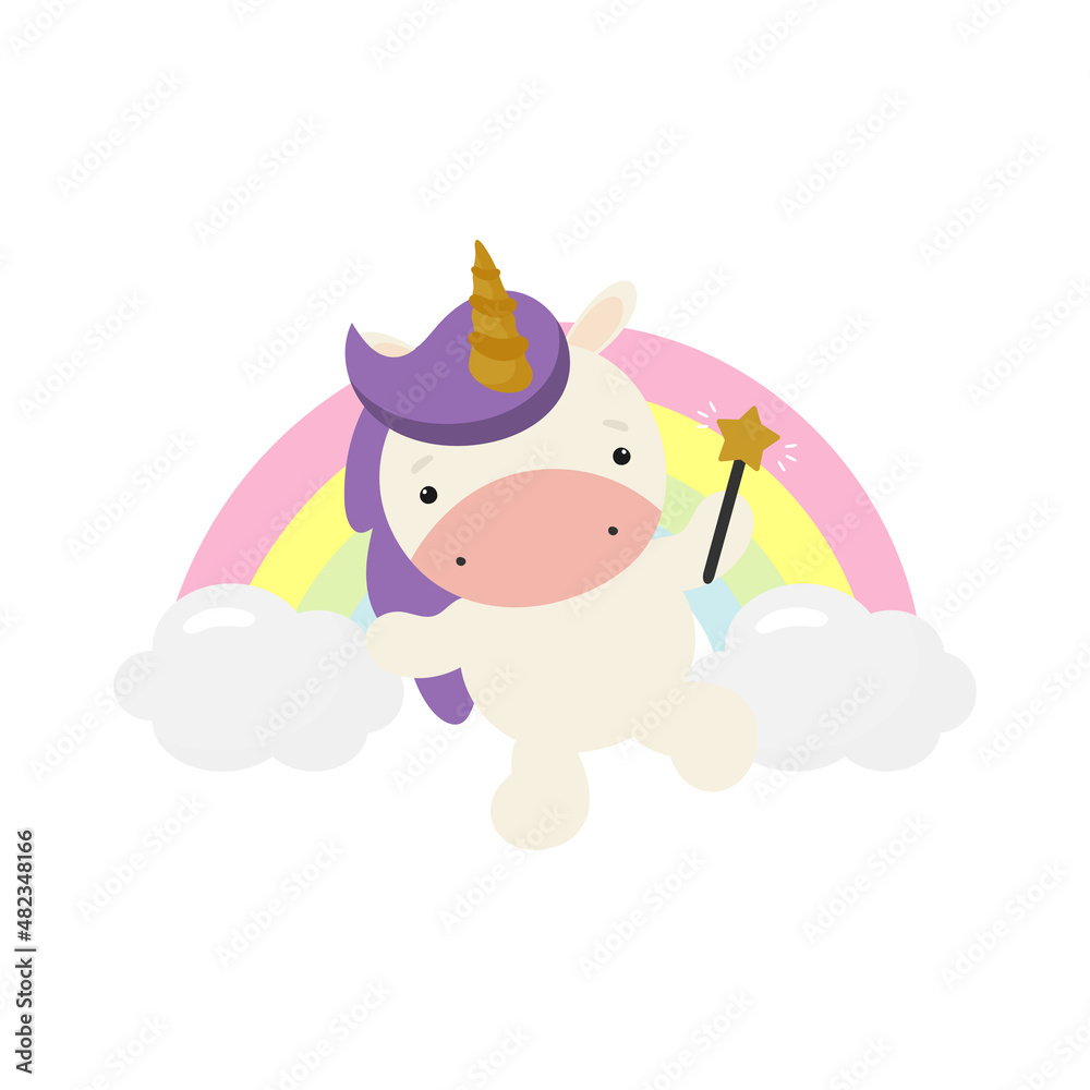 Magic Cute Unicorn with magic wand. Vector illustration Cartoon. For kids stuff, card, posters, children books, printing on the pack, printing on clothes, fabric, wallpaper, textile or dishes. Magic Cute Unicorn with magic wand. Vector illustration Cartoon. For kids stuff, card, posters, children books, printing on the pack, printing on clothes, fabric, wallpaper, textile or dishes.