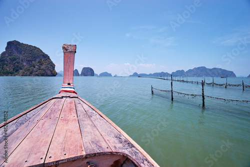 Travel and vacation in Thailand. Beautiful sea view from longtail boat.