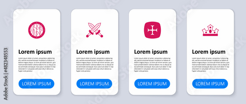 Set King crown, Crusade, Crossed medieval sword and Round wooden shield. Business infographic template. Vector