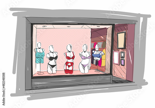 Fashion woman underwear store hand drawn sketch interior design. Vector illustration
