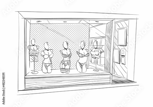 Fashion woman underwear store hand drawn sketch interior design. Vector illustration