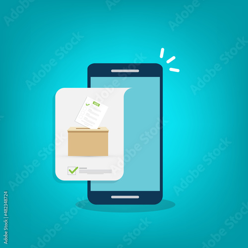 Mobile phone with voting ballot in ballot box. Voting online, e-voting, election internet system. Flat design. Vector illustration
