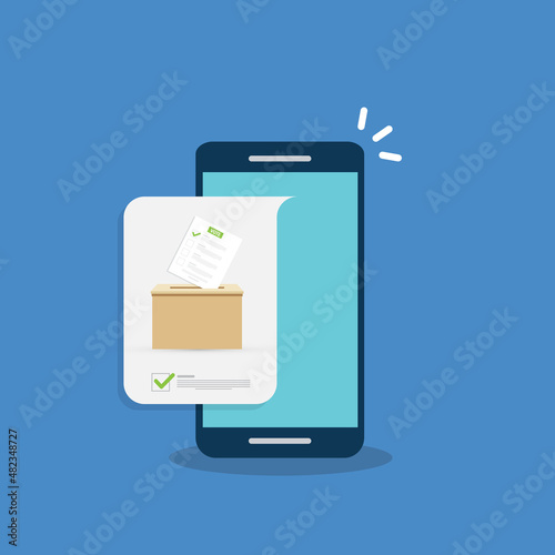 Mobile phone with voting ballot in ballot box. Voting online, e-voting, election internet system. Flat design. Vector illustration