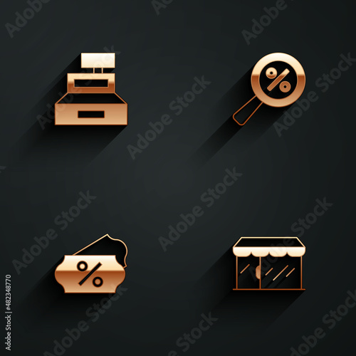 Set Cash register machine, Magnifying glass with percent, Discount tag and Market store icon with long shadow. Vector