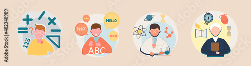kinds of general subjects commonly used in school, math, language, science, history