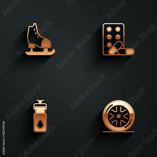 Set Skates, Sports doping with dumbbell, Fitness shaker and Car wheel icon with long shadow. Vector