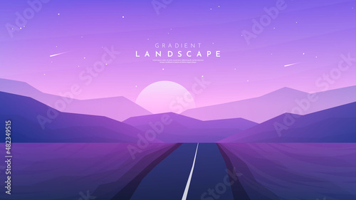 Vector illustration. Journey concept. Background with perspective effect. Wilderness. Desert scene with hills. Modern geometry template for website or game. Empty road. No one on the horizon. Evening