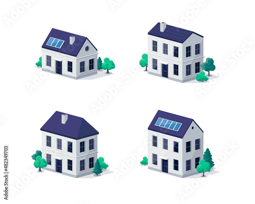Residential home city urban old town historic and new modern buildings illustrations in 3d dimetric isometric view Family house, suburban building with solar panels. Isolated vector illustration.
