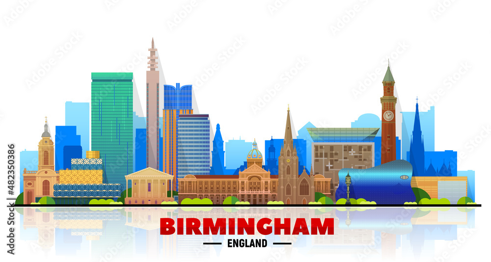 Birmingham (England) city skyline vector at white background. Flat vector illustration. Business travel and tourism concept with modern buildings. Image for banner or website.