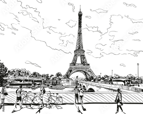 Fototapeta Naklejka Na Ścianę i Meble -  Eiffel Tower vector sketch. Paris, France. Hand drawn vector illustration