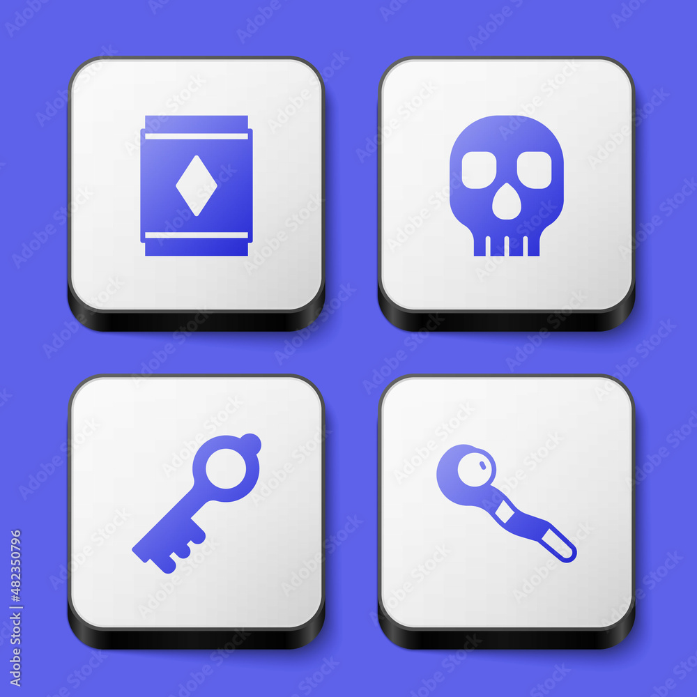 Set Magic carpet, Skull, Old magic key and staff icon. White square button. Vector Set Magic carpet, Skull, Old magic key and staff icon. White square button. Vector