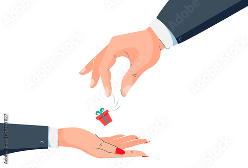 Valentine day. A man's hand gives a gift to a woman's hand. Gift exchange. Vector image