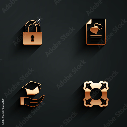 Set Broken or cracked lock, Marriage contract, Education grant and Lifebuoy icon with long shadow. Vector