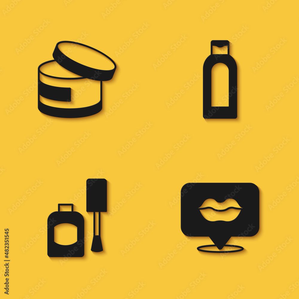 Set Cream or lotion cosmetic tube, Smiling lips, Bottle of nail polish and shampoo icon with long shadow. Vector Set Cream or lotion cosmetic tube, Smiling lips, Bottle of nail polish and shampoo icon with long shadow. Vector