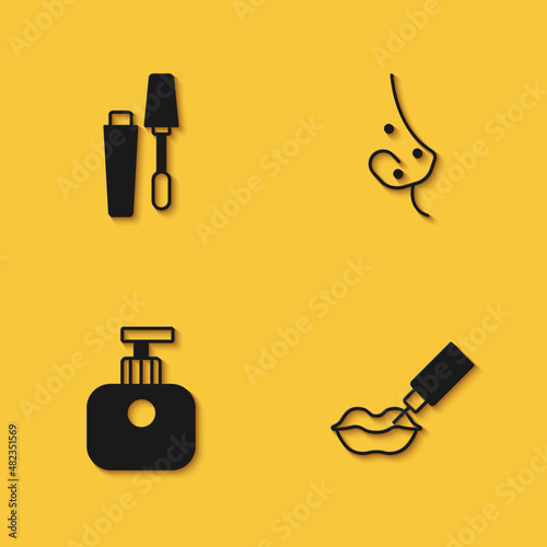 Set Mascara brush, Lip augmentation, Tube of hand cream and Acne icon with long shadow. Vector
