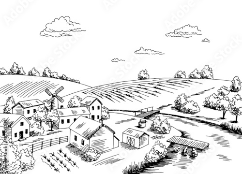 Village river graphic black white rural landscape sketch illustration vector 