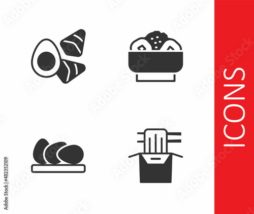 Set Asian noodles in paper box, Chicken egg with vegerables, and Chow mein on plate icon. Vector