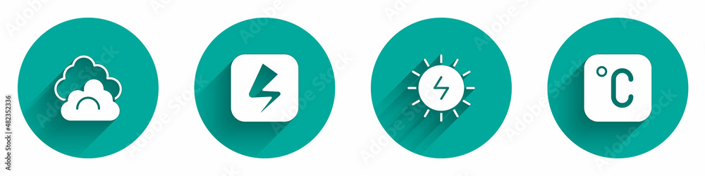 Set Cloud, Lightning bolt, Solar energy panel and Celsius icon with long shadow. Vector Set Cloud, Lightning bolt, Solar energy panel and Celsius icon with long shadow. Vector