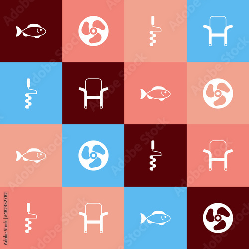 Set pop art Fish, Outboard boat motor, Hand ice drill and Camping folding chair icon. Vector