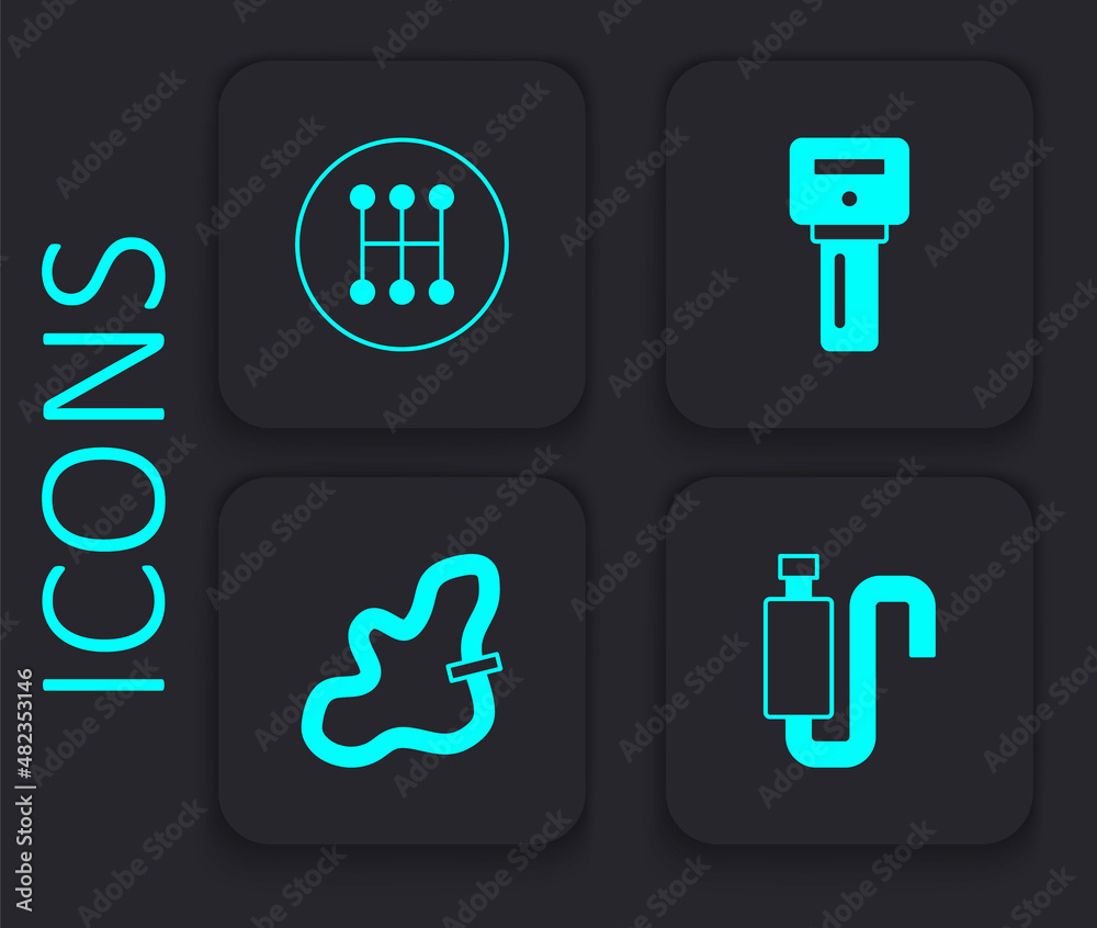 Set Car muffler, Gear shifter, key with remote and Racing track icon. Black square button. Vector Set Car muffler, Gear shifter, key with remote and Racing track icon. Black square button. Vector