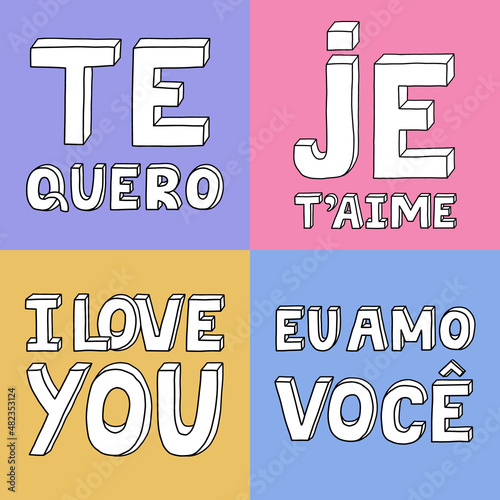 I love you in different languages, in English, French, Spanish, Portuguese. Vector bold, trendy lettering with hand drawn outline in doodle style. Retro lettering on Valentine's day. Black and white. photo