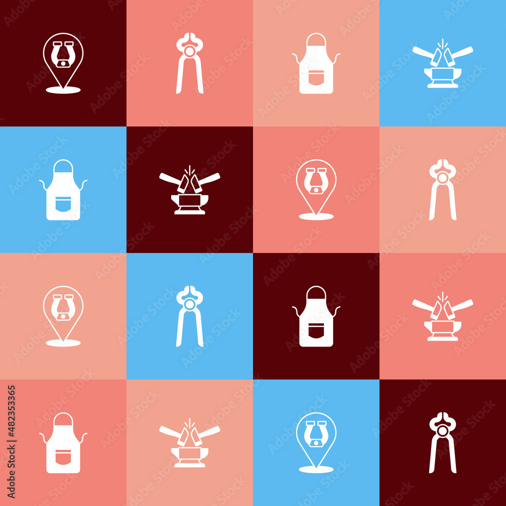 Set pop art Horseshoe, Blacksmith pliers tool, apron and Anvil and hammer icon. Vector
