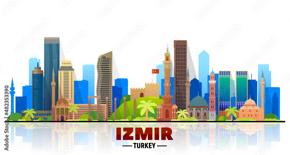 Izmir (Turkey) city skyline vector at white background. Flat vector illustration. Business travel and tourism concept with modern buildings. Image for banner or website.