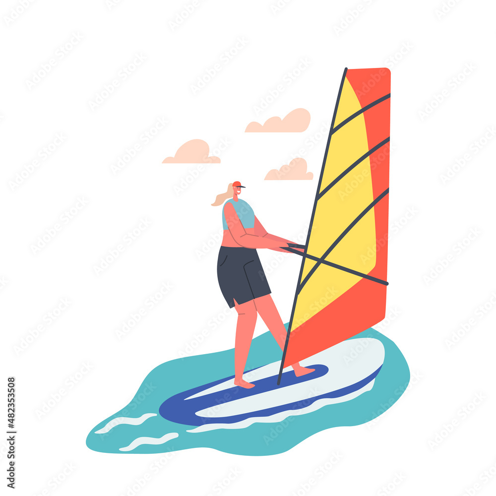Sportswoman Character Sailing Summertime Water Sport Activity. Woman Riding Sea Waves by Sail, Relax at Summer Vacation