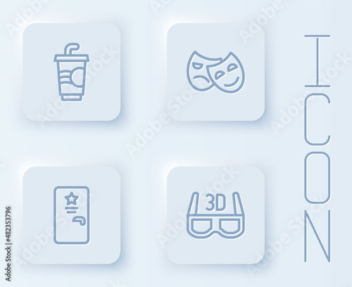 Set line Paper glass with water, Comedy and tragedy masks, Backstage and 3D cinema glasses. White square button. Vector