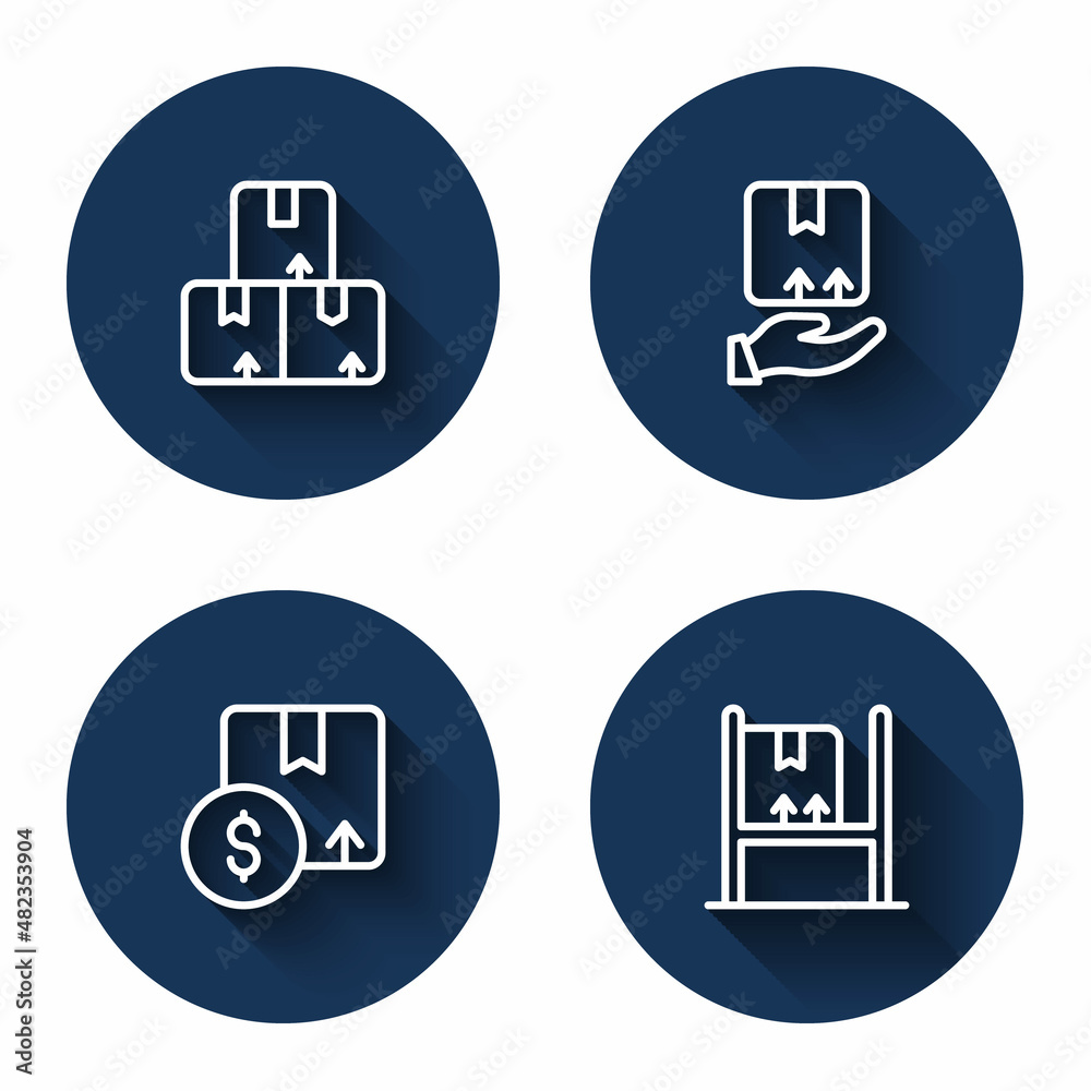 Set line Carton cardboard box, Delivery hand with, and Warehouse interior boxes with long shadow. Blue circle button. Vector Set line Carton cardboard box, Delivery hand with, and Warehouse interior boxes with long shadow. Blue circle button. Vector