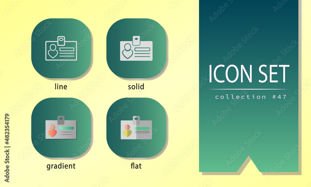 Icons of a man on ID card. Badge with employee information. Identification document, license icons in line, solid, gradient, flat style. Signs for mobile apps, websites, infographics, UI, etc.