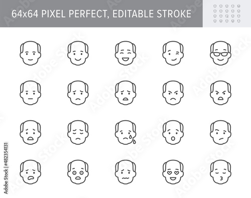 Grandpa emoticons line icons. Vector illustration include icon - mental health, worry, disappointed, confused, outline pictogram for old man character expression. 64x64 Pixel Perfect, Editable Stroke