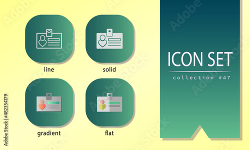 Icons of a man on ID card. Badge with employee information. Identification document, license icons in line, solid, gradient, flat style. Signs for mobile apps, websites, infographics, UI, etc. © Qeeraw