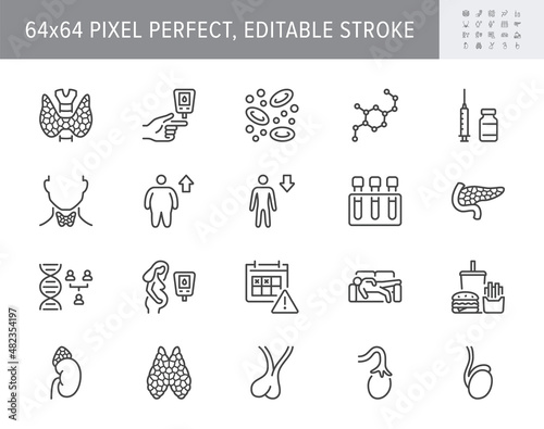 Endocrinology line icons. Vector illustration include icon - thyroid gland, insulin, syringe, adrenal, glucometer, hypodynamia outline pictogram for diabetes. 64x64 Pixel Perfect, Editable Stroke