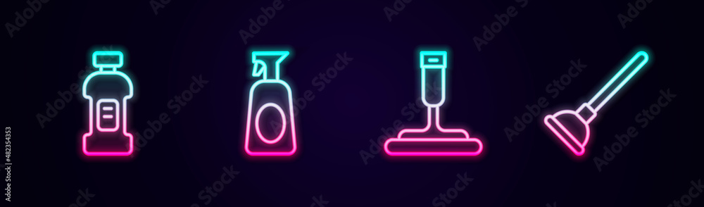 Set line Bottle for detergent, Cleaning spray with, Rubber cleaner windows and plunger. Glowing neon icon. Vector Set line Bottle for detergent, Cleaning spray with, Rubber cleaner windows and plunger. Glowing neon icon. Vector