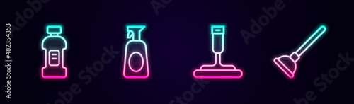 Set line Bottle for detergent, Cleaning spray with, Rubber cleaner windows and plunger. Glowing neon icon. Vector