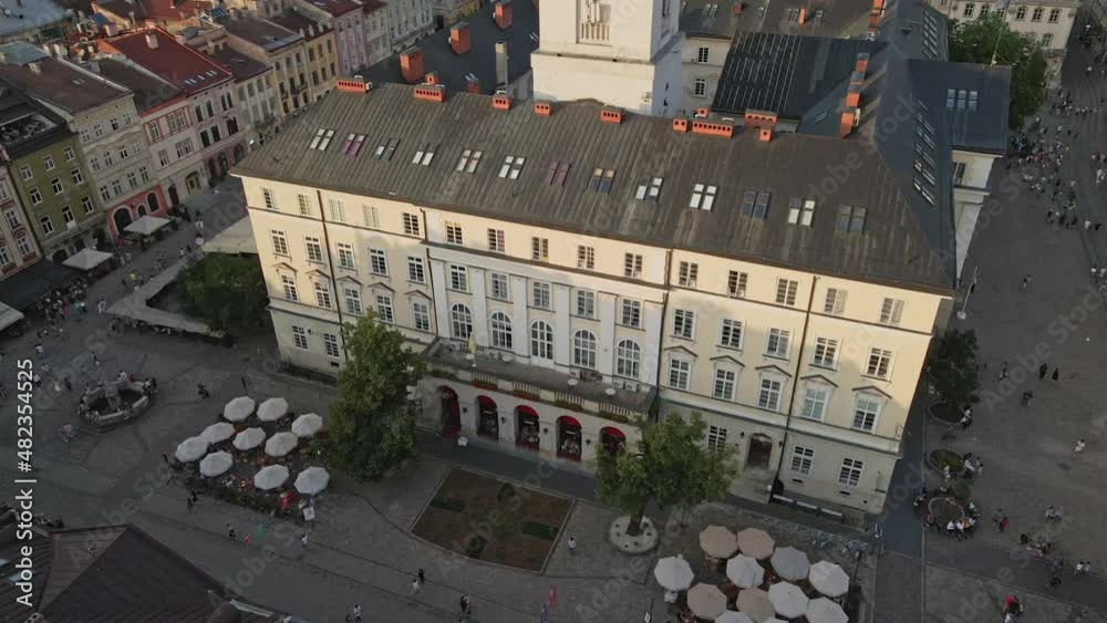 aerial view of Lviv city hall building with bell tower aerial view of Lviv city hall building with bell tower