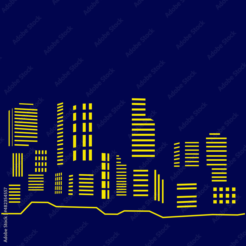 City town night lights line art design skyline with buildings, towers. Architecture glowing neon, vector illustration.