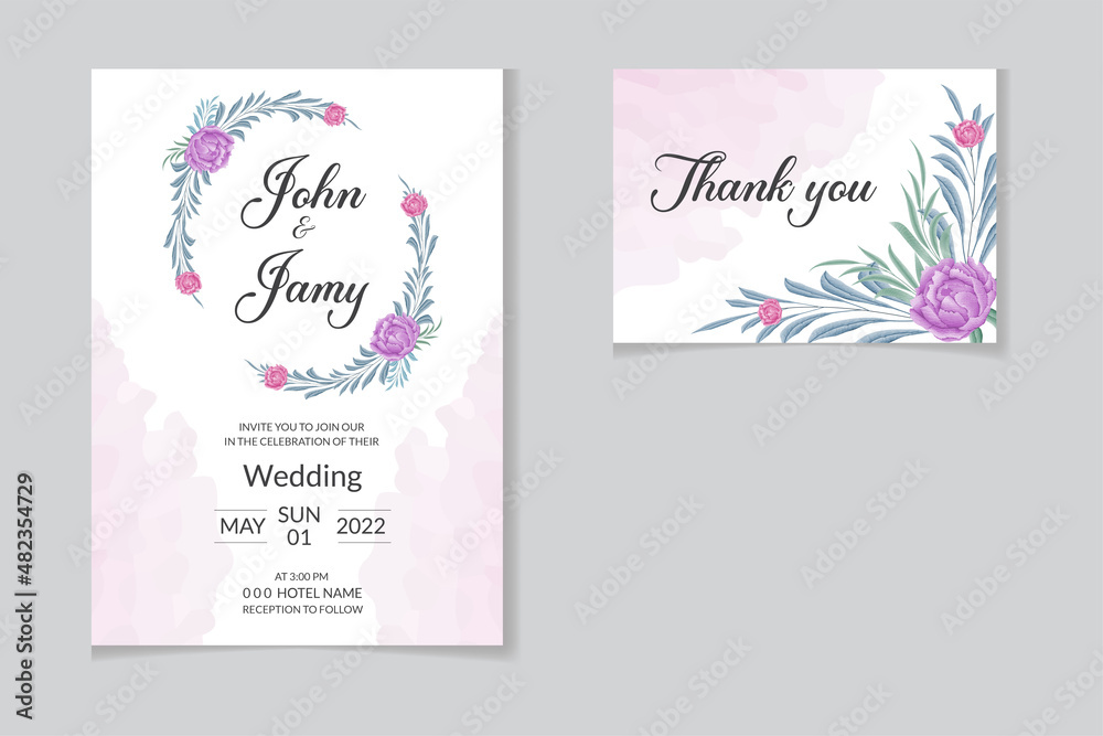 Floral wedding invitation card with watercolor purple and pink peony