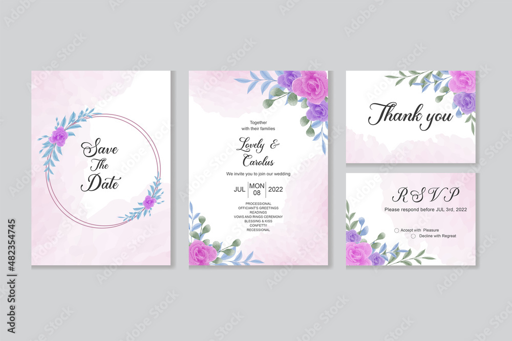 Wedding invitation template with watercolor pink and purple color rose