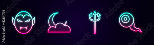 Set line Vampire, Moon and stars, Trident devil and Eye. Glowing neon icon. Vector