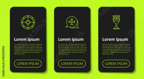 Set line Round shield, Crusade and Medieval goblet. Business infographic template. Vector